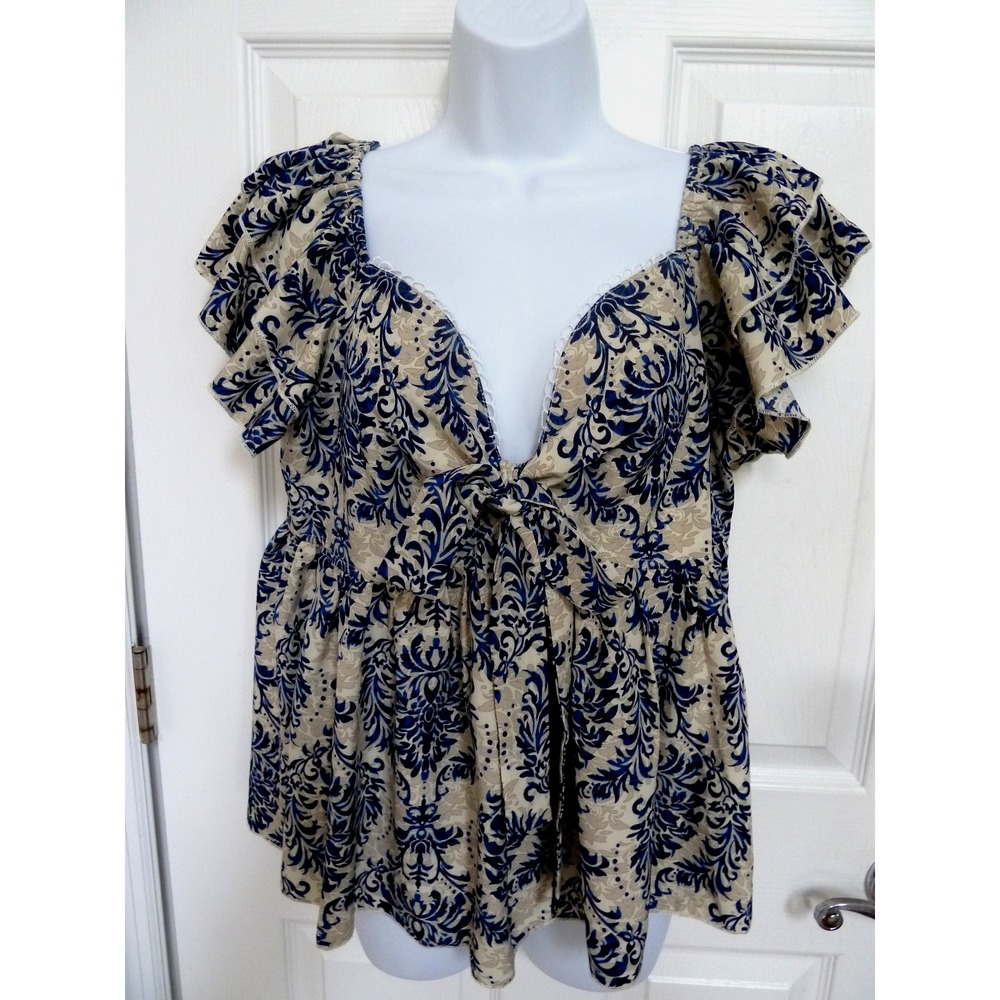 Rusttydustty Babydoll Blouse 1XL Blue White Smocked Ruffle Tie Romantic Coquette